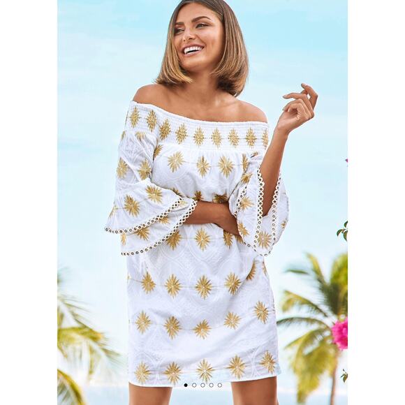Boston Proper Dresses & Skirts - Boston Proper Metallic Detail Off The Shoulder Mini Dress White